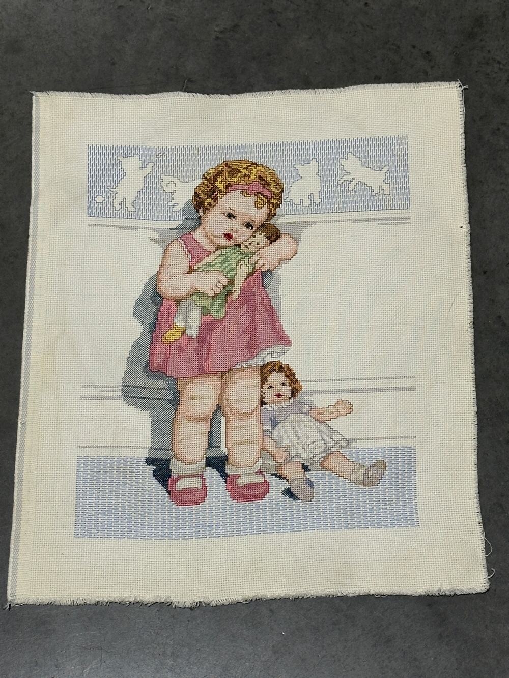 Bessie Pease Guttman Bucilla Love Is Blind Girl w Dolls Completed Cross Stitch